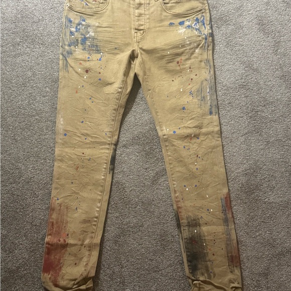 Men's Slim Straight Jeans - Tan with Paint Splatter - Picture 1 of 3